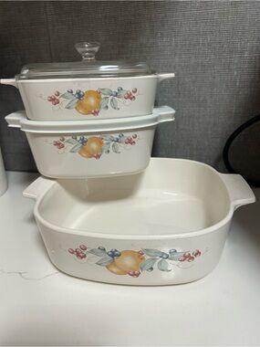 Corningware White Ceramic Fruit Motif Casserole Set